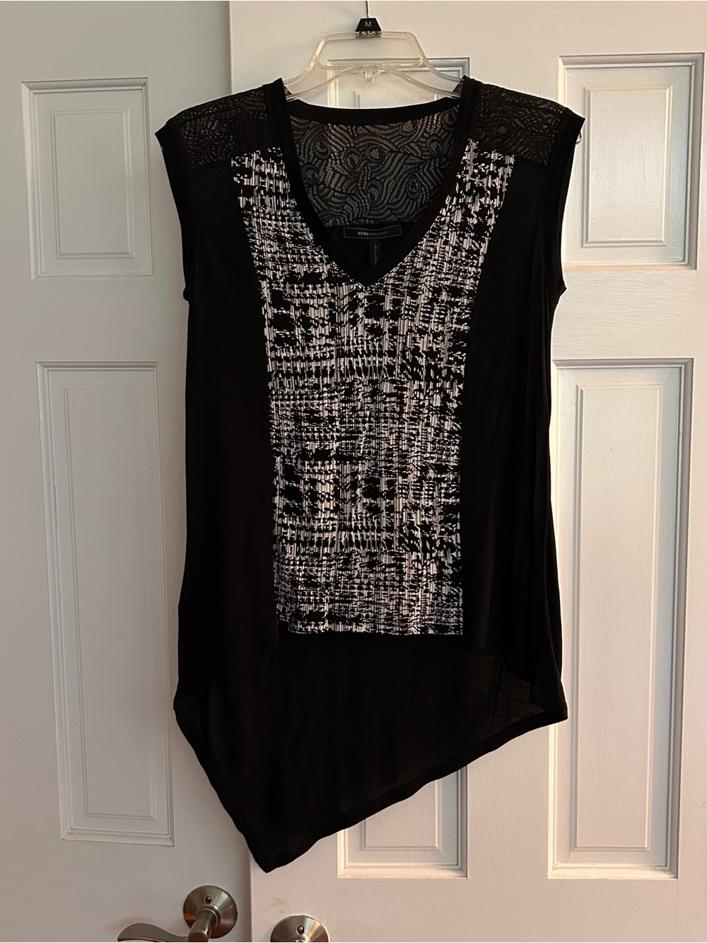 BCBGMaxAzria V-Neck Short to Long Asymmetrical Tank with Lace Accent